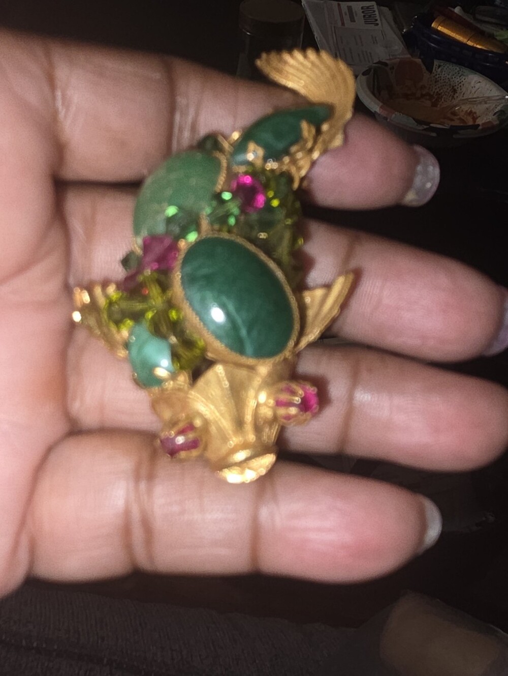 Rare Vintage Hattie Carnegie Koi Fish Brooch Lg Green Stones Purple Rhinestones